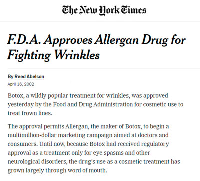 FDA Aprueba uso de Botox para combatir arrugas, New York Times 16 de abril 2002