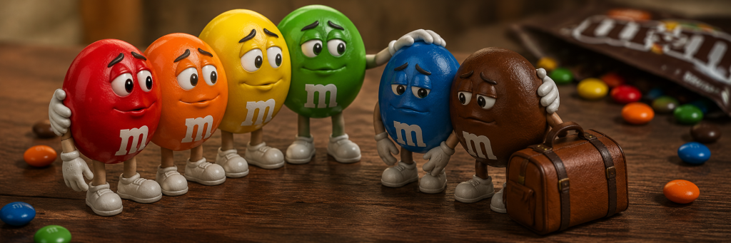 Se acaban los M&Ms azul y chocolate. Sus amigos los despiden