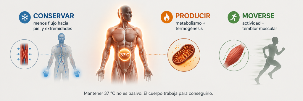 Cómo el cuerpo mantiene su temperatura mediante conservación de calor, termogénesis y movimiento muscular.
