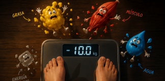 Qué baja realmente cuando bajamos de peso? Ilustración sobre la pérdida de grasa, músculo, agua y glucógeno al bajar de peso.