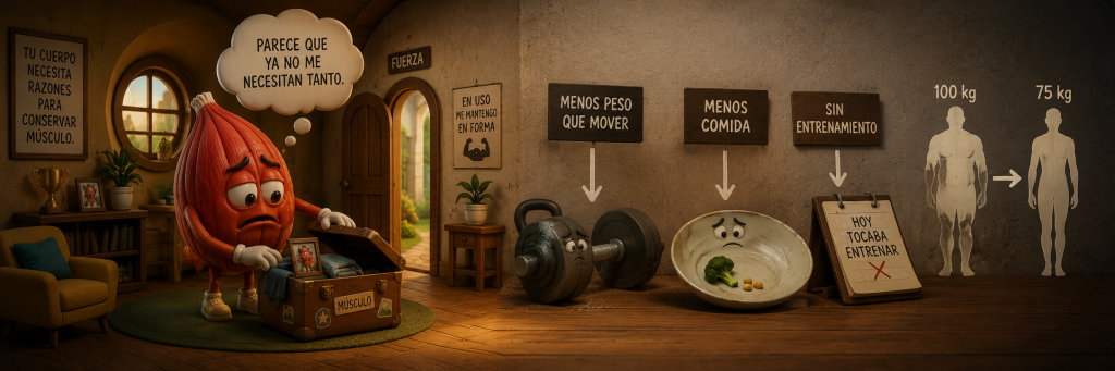 Ilustración de un músculo haciendo una maleta ante la falta de ejercicio, alimento y peso que mover durante el adelgazamiento.