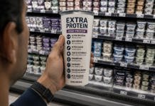 Estamos comprando Salud? Hombre observa un yogur con múltiples beneficios nutricionales en un supermercado, reflexionando sobre cómo entendemos la salud