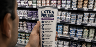 Estamos comprando Salud? Hombre observa un yogur con múltiples beneficios nutricionales en un supermercado, reflexionando sobre cómo entendemos la salud