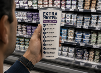 Estamos comprando Salud? Hombre observa un yogur con múltiples beneficios nutricionales en un supermercado, reflexionando sobre cómo entendemos la salud