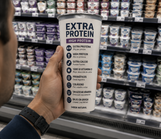 Estamos comprando Salud? Hombre observa un yogur con múltiples beneficios nutricionales en un supermercado, reflexionando sobre cómo entendemos la salud