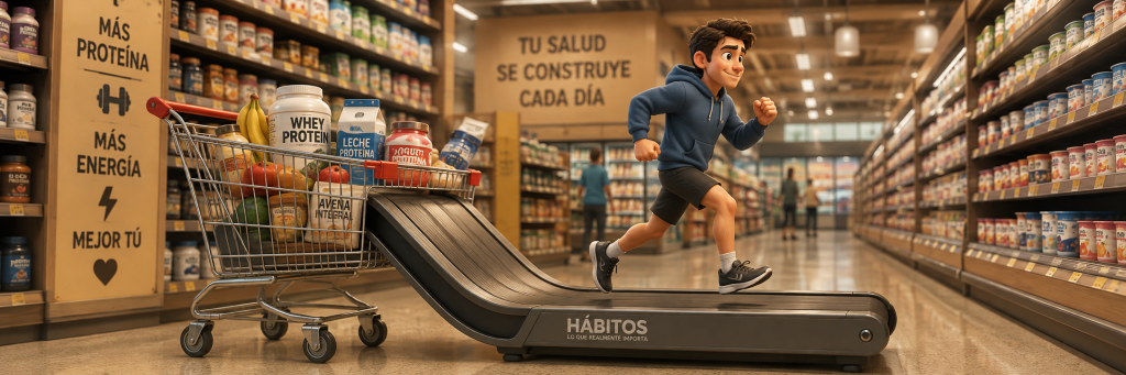 Ilustración de una cinta caminadora que nace desde un carrito de supermercado, simbolizando que la salud depende de los hábitos más que de los productos comprados.