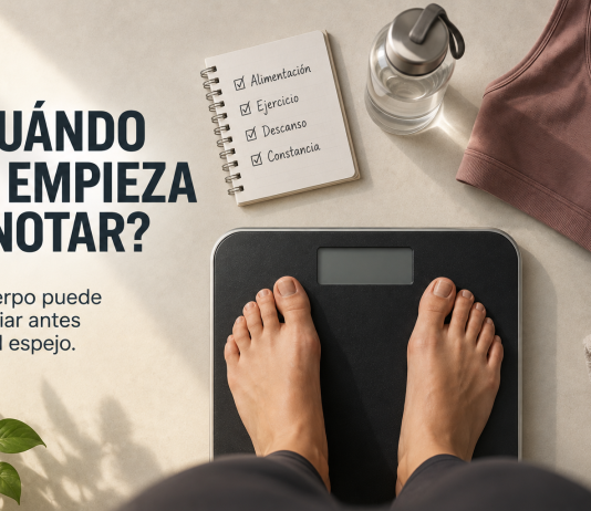 Cuándo se empieza a notar que estamos bajando de peso? Mujer sobre una balanza durante un proceso de cambio de hábitos, junto a elementos de alimentación, ejercicio y constancia.