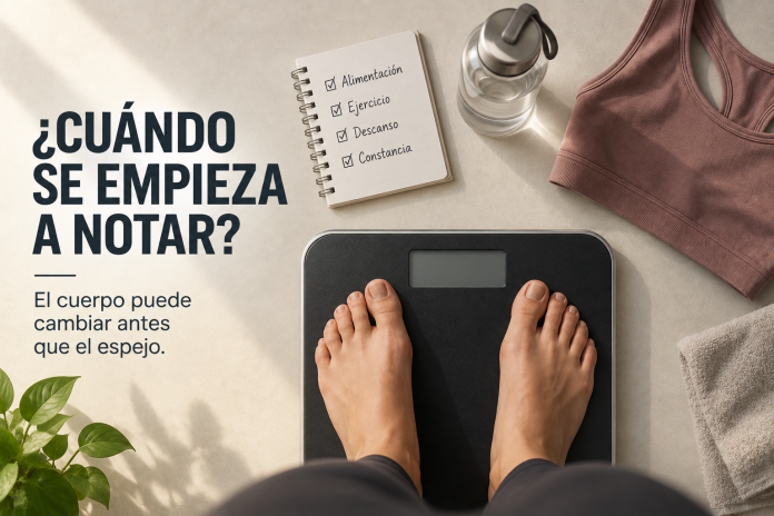 Mujer sobre una balanza durante un proceso de cambio de hábitos, junto a elementos de alimentación, ejercicio y constancia.