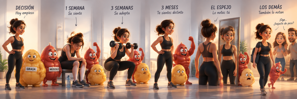 Representación de las distintas etapas en que comienzan a notarse los cambios del ejercicio y la pérdida de peso.