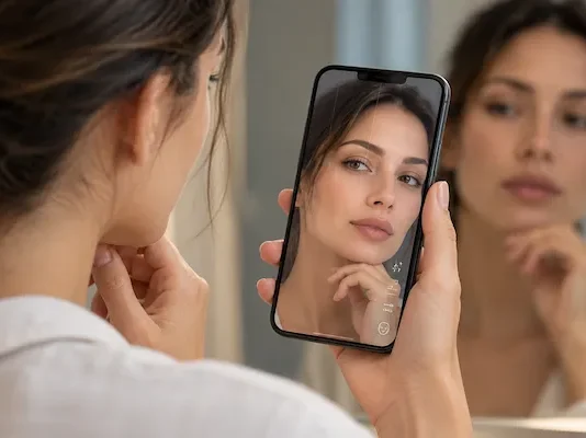 La nueva cara de la IA: cuando el paciente quiere parecerse a una versión de sí mismo que nunca existió Mujer comparando su rostro con una versión modificada mediante inteligencia artificial en su teléfono