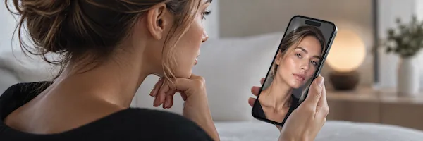 Mujer observa en su teléfono una versión modificada de su rostro mediante inteligencia artificial.