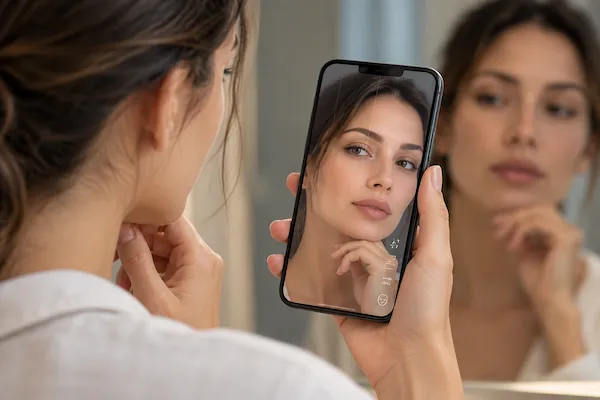 Mujer comparando su rostro con una versión modificada mediante inteligencia artificial en su teléfono
